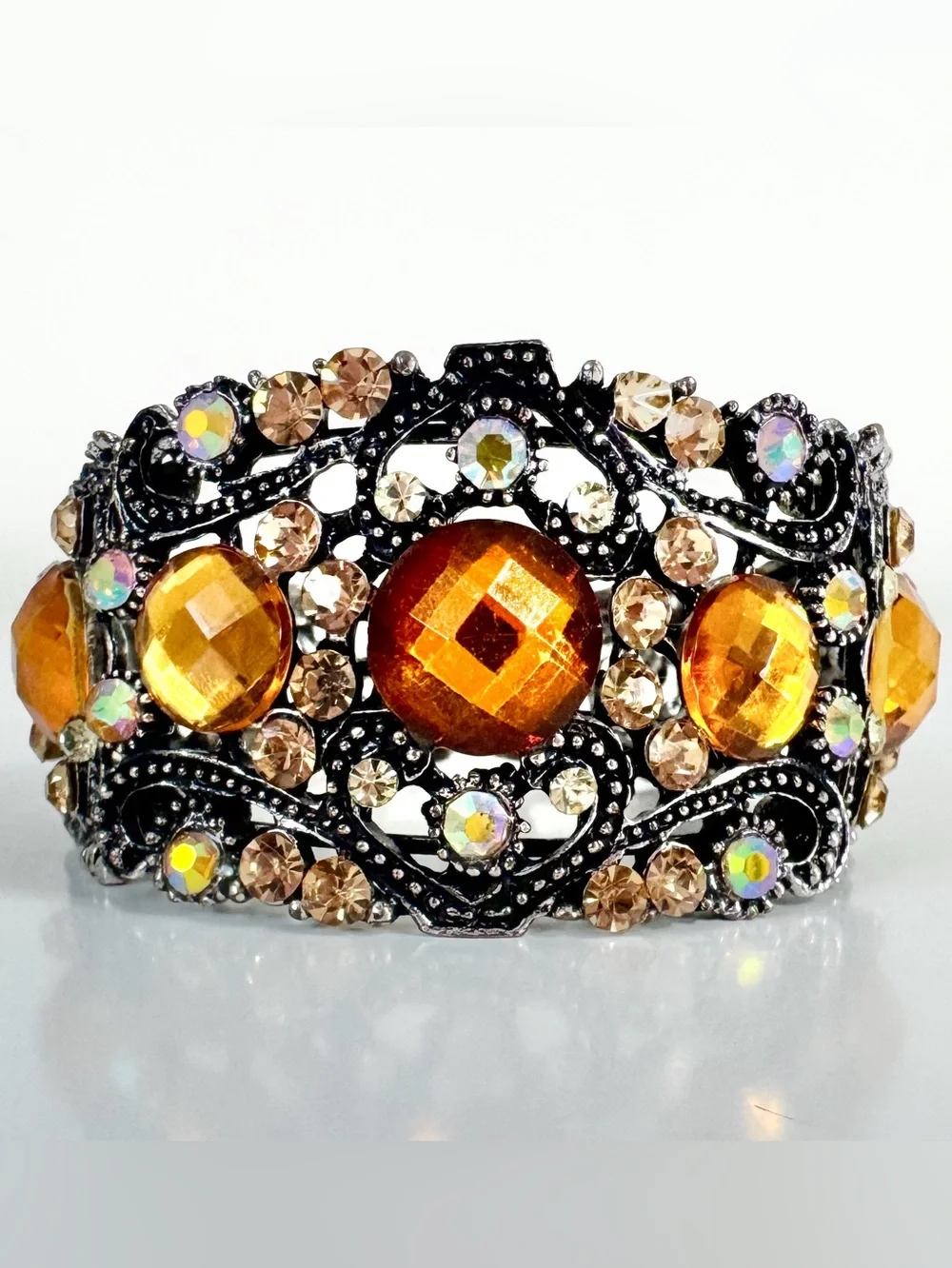 Amber Crystal Metal Cuff Bracelet Scrollwork Iridescent Rhinestone